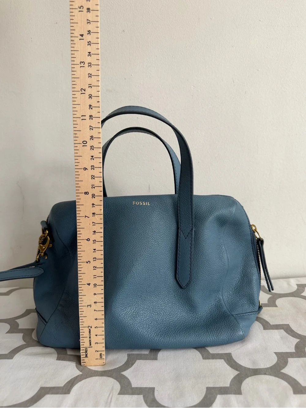 Fossil Teal-Blue Pebbled Leather Satchel with Crossbody Strap